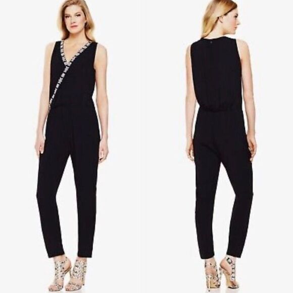 VINCE CAMUTOEmbroidered Jumpsuit Black Sleeveless Faux WrapSize Medium